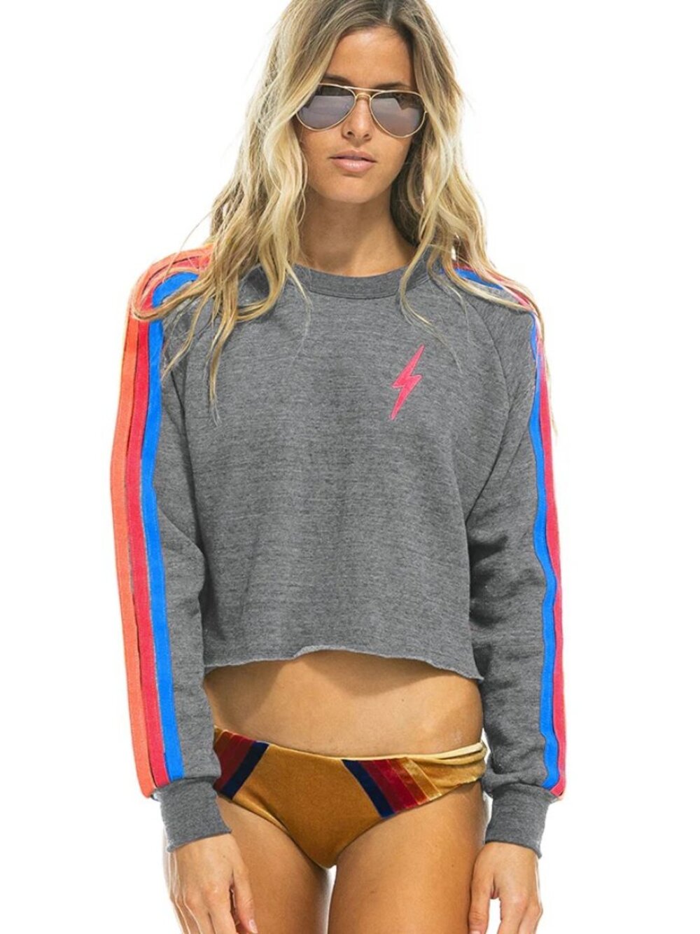 Aviator Nation Bolt Classic Cropped Crewneck Sweatshirt in Heather Grey